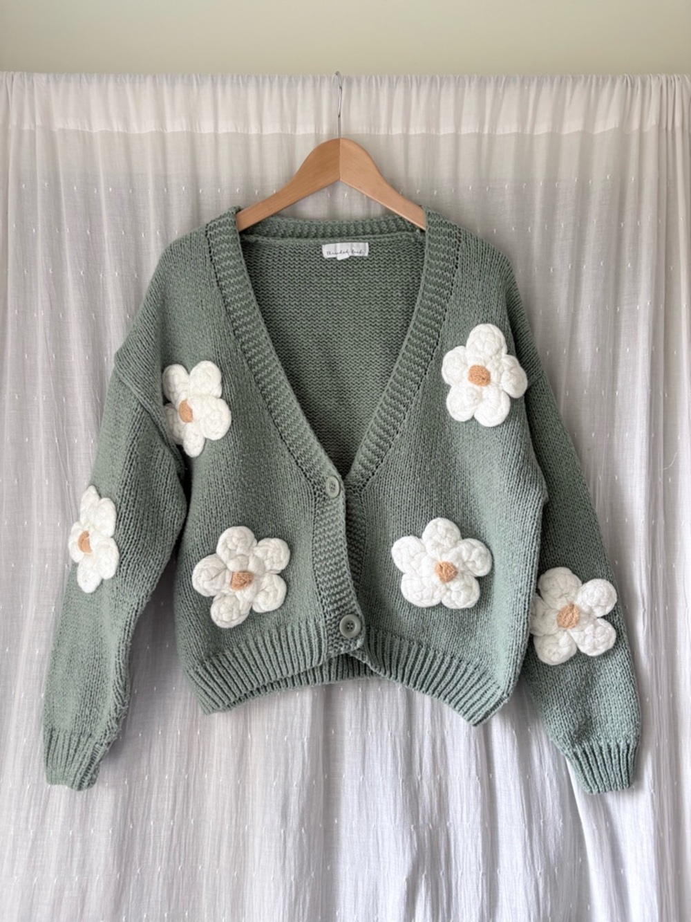 Green Floral Appliqué V-Neck Cardigan Sweater